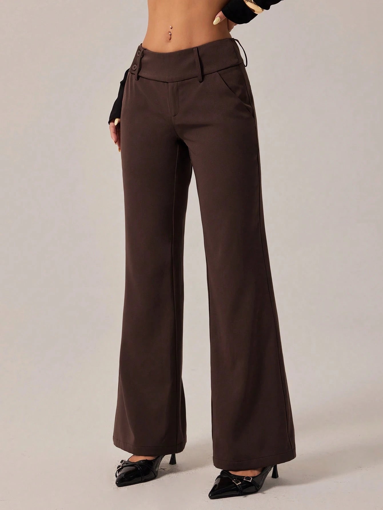 PETITE Women's Brown Autumn Business Casual Elegant Office Flare Leg Pants, Retro Pocket Old Money Chocolate Flared Trousers, Back To School Fashion, Petite
