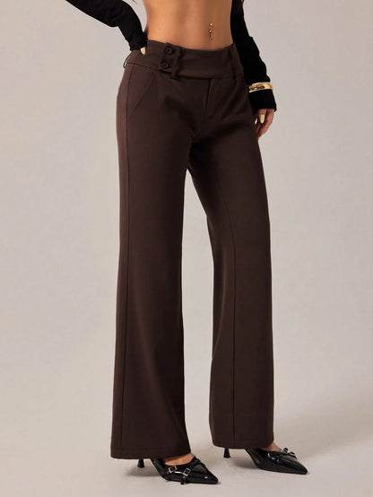 PETITE Women's Brown Autumn Business Casual Elegant Office Flare Leg Pants, Retro Pocket Old Money Chocolate Flared Trousers, Back To School Fashion, Petite