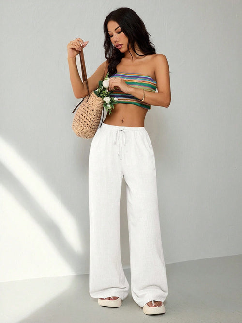 PETITE Women's Casual Solid Color Loose Straight Drawstring Pants,Petite Women