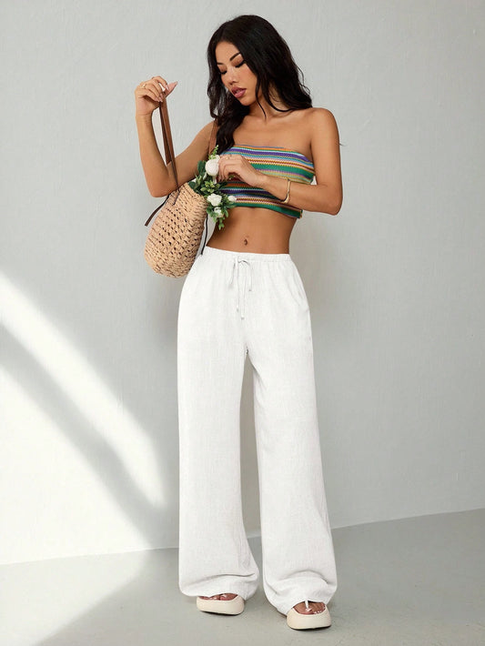 PETITE Women's Casual Solid Color Loose Straight Drawstring Pants,Petite Women