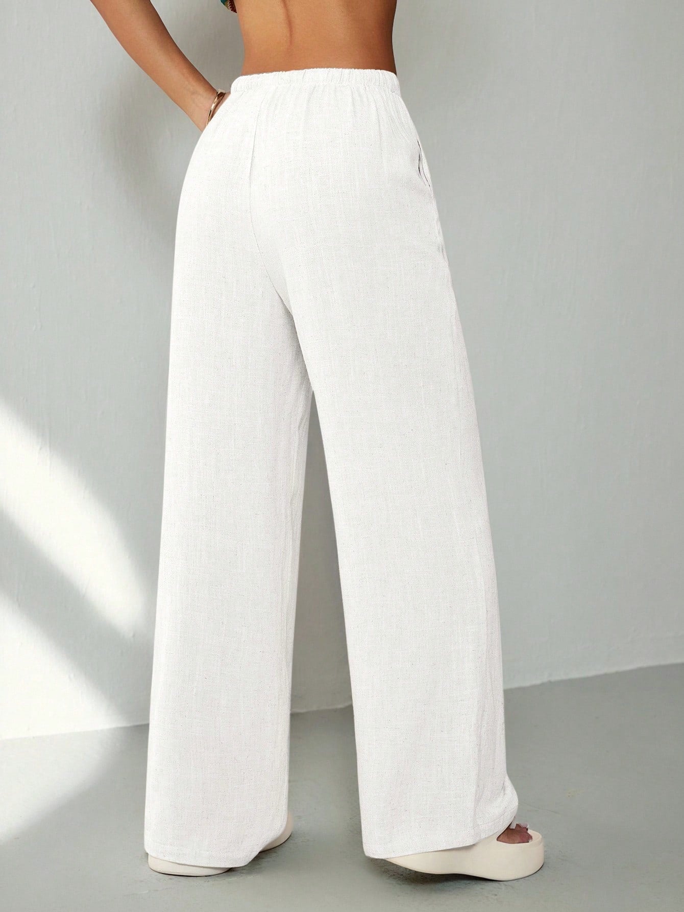 PETITE Women's Casual Solid Color Loose Straight Drawstring Pants,Petite Women