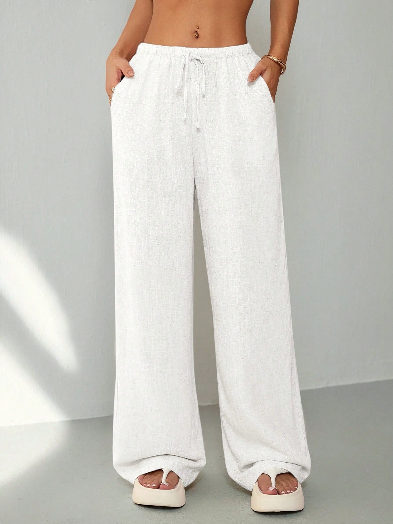 PETITE Women's Casual Solid Color Loose Straight Drawstring Pants,Petite Women