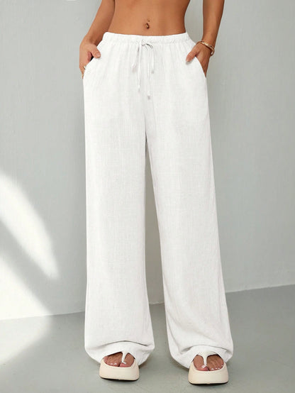 PETITE Women's Casual Solid Color Loose Straight Drawstring Pants,Petite Women