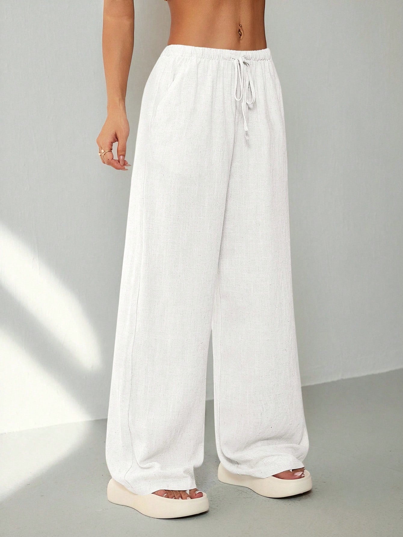 PETITE Women's Casual Solid Color Loose Straight Drawstring Pants,Petite Women