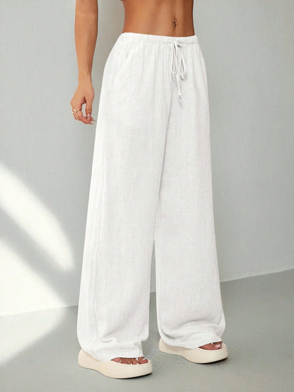 PETITE Women's Casual Solid Color Loose Straight Drawstring Pants,Petite Women