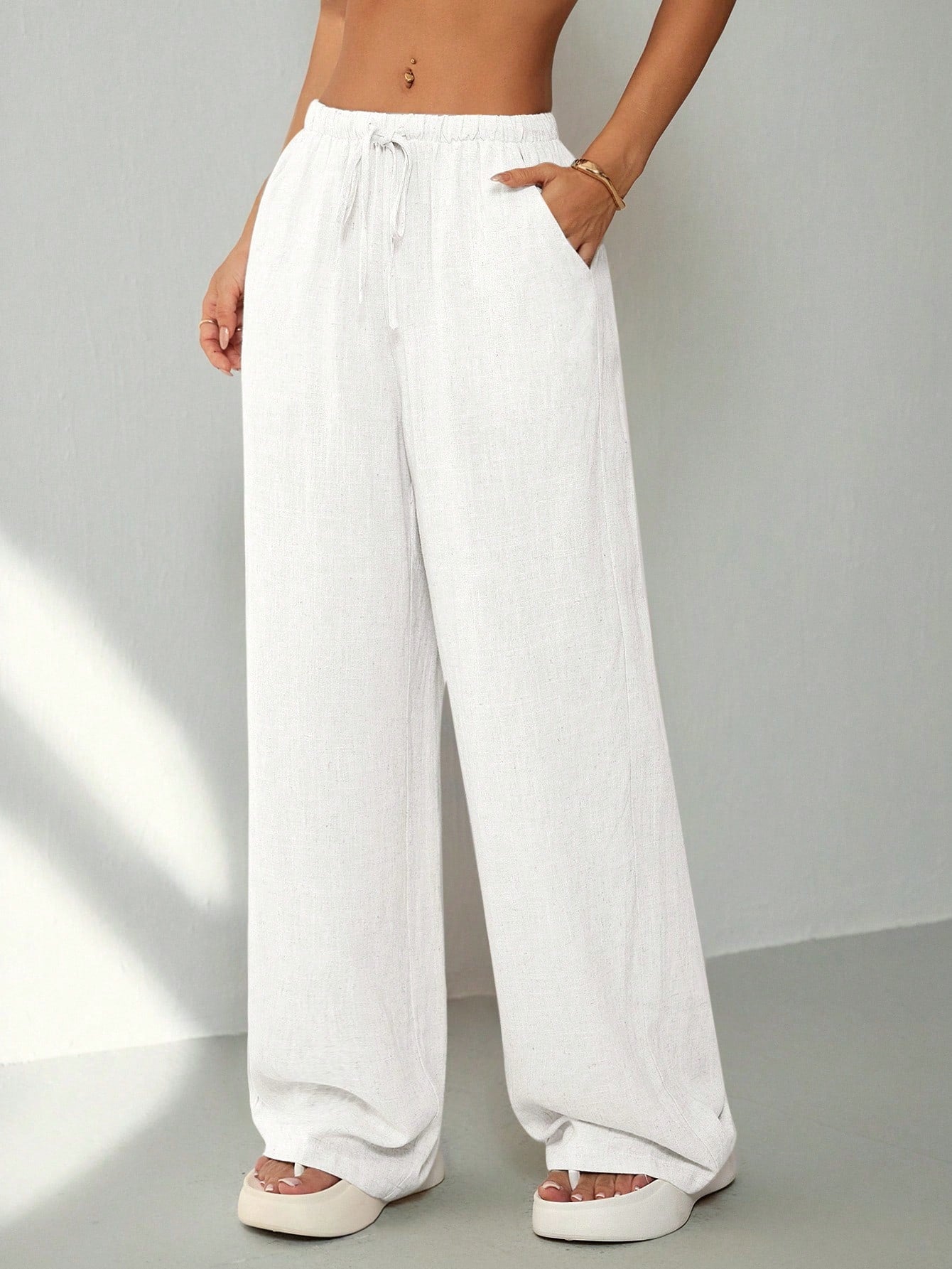 PETITE Women's Casual Solid Color Loose Straight Drawstring Pants,Petite Women
