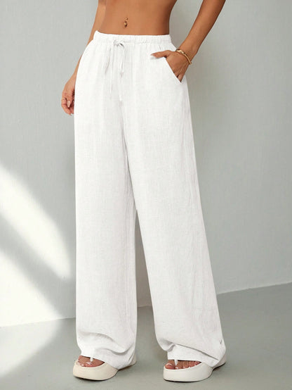 PETITE Women's Casual Solid Color Loose Straight Drawstring Pants,Petite Women