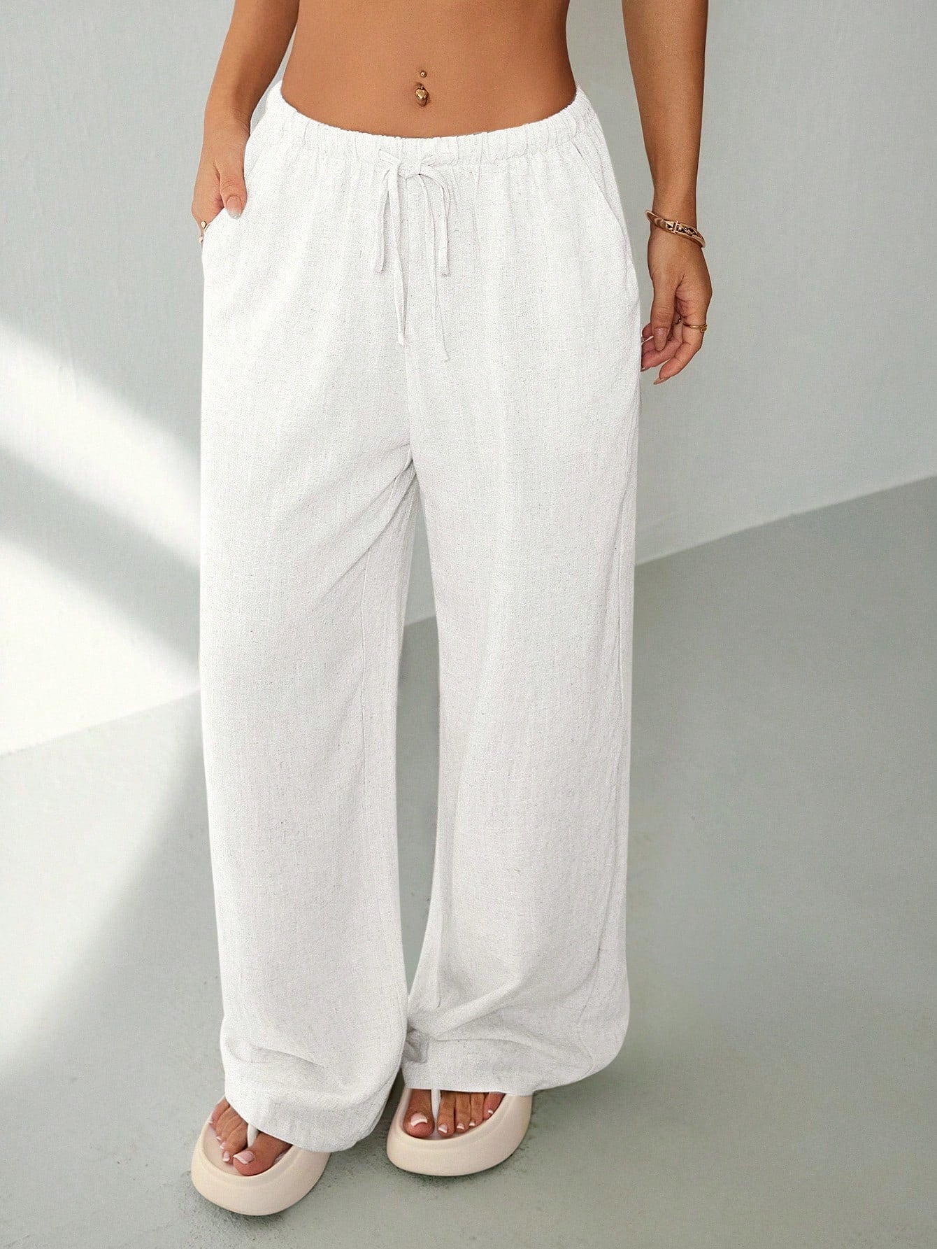 PETITE Women's Casual Solid Color Loose Straight Drawstring Pants,Petite Women