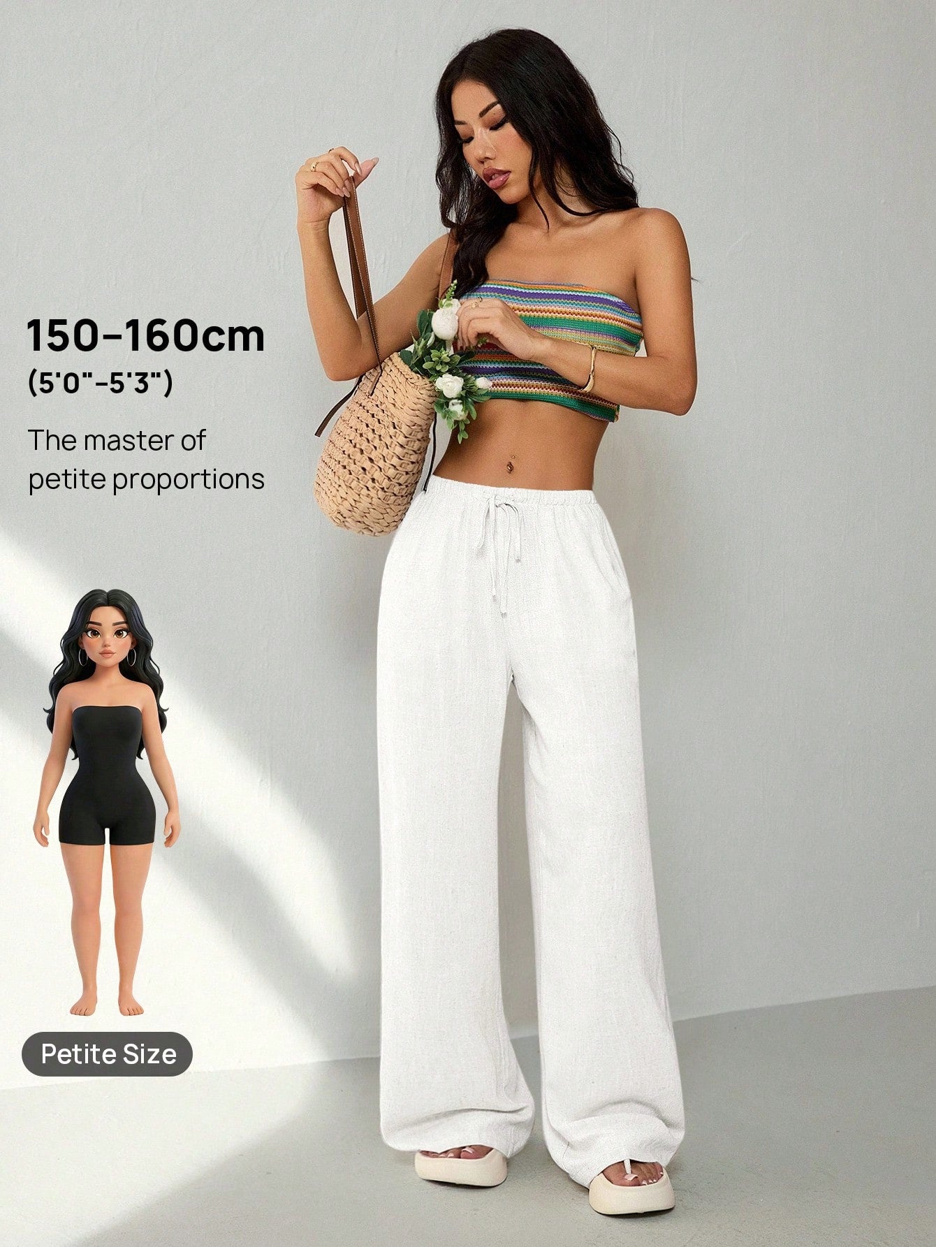 PETITE Women's Casual Solid Color Loose Straight Drawstring Pants,Petite Women