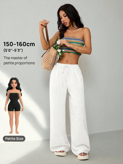 PETITE Women's Casual Solid Color Loose Straight Drawstring Pants,Petite Women