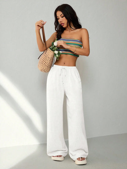 PETITE Women's Casual Solid Color Loose Straight Drawstring Pants,Petite Women