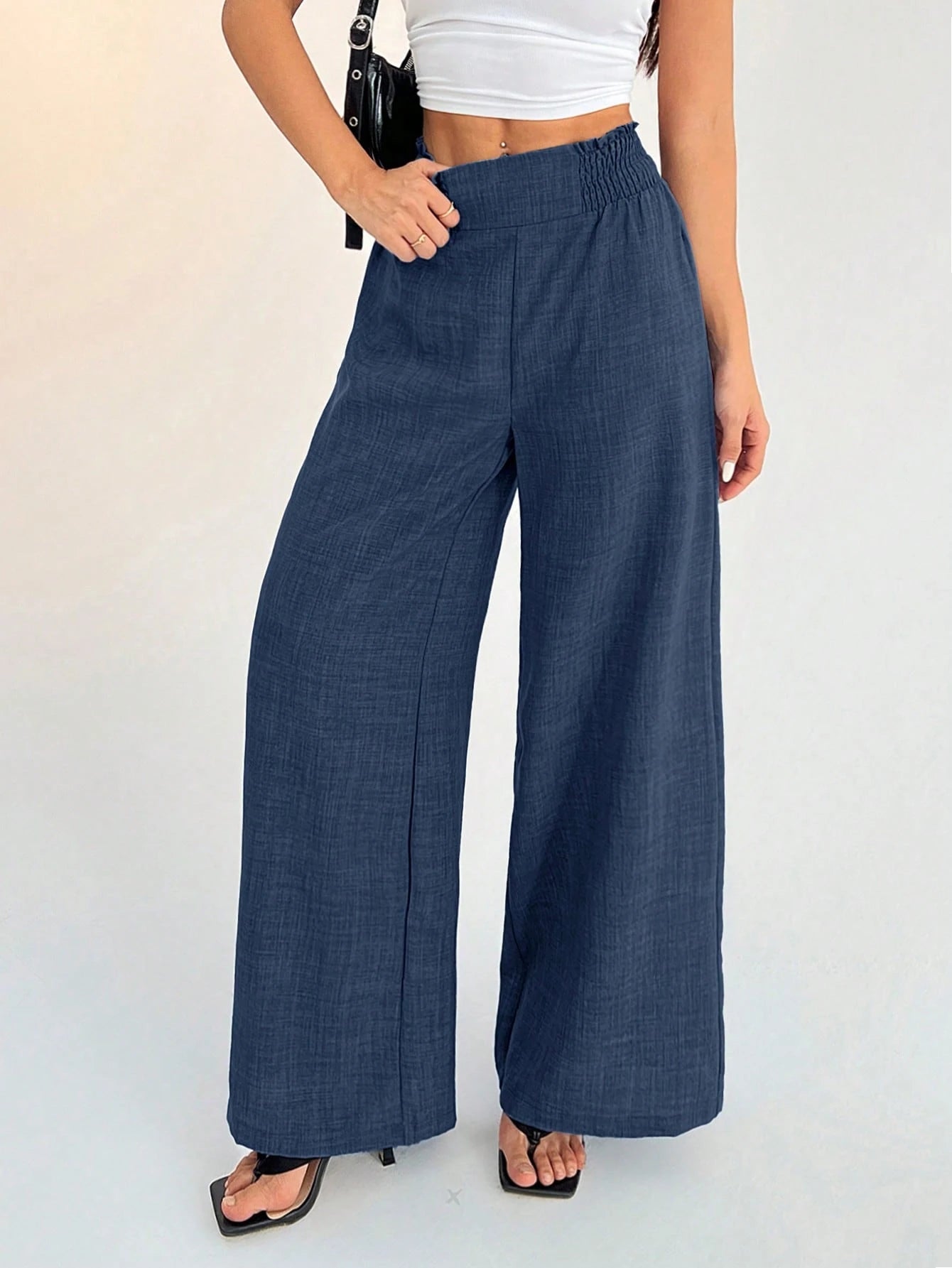 PETITE Women's Casual Vacation Waistband Blue Wide Leg Pants Work Pants,Petite Women