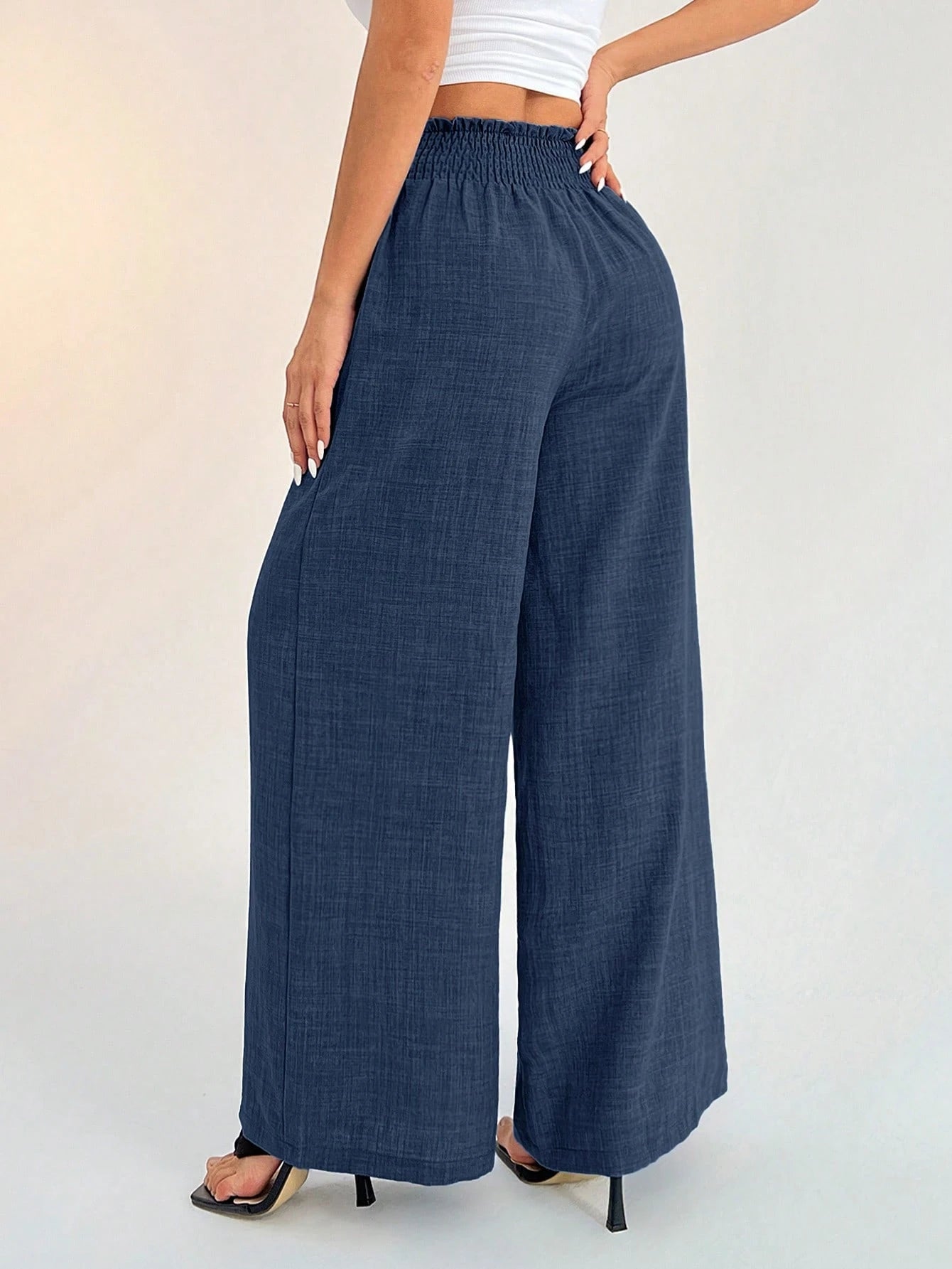 PETITE Women's Casual Vacation Waistband Blue Wide Leg Pants Work Pants,Petite Women