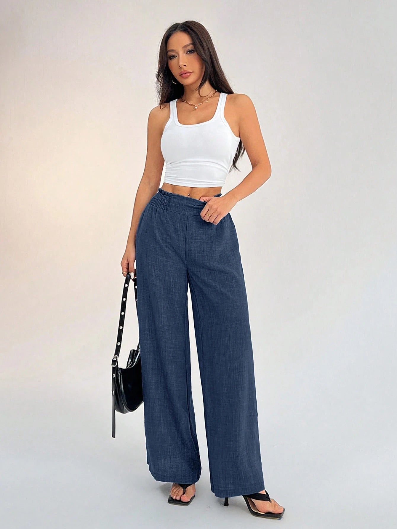PETITE Women's Casual Vacation Waistband Blue Wide Leg Pants Work Pants,Petite Women