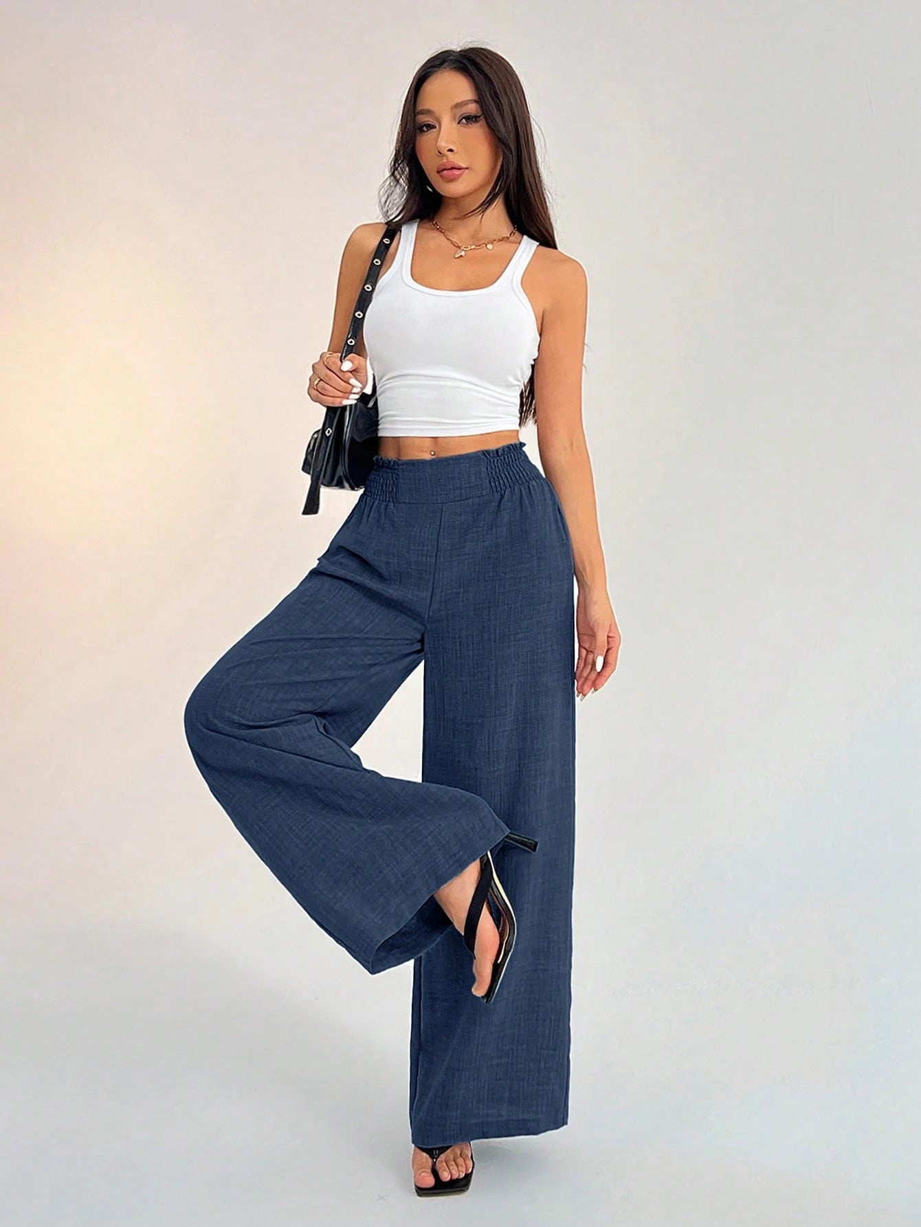 PETITE Women's Casual Vacation Waistband Blue Wide Leg Pants Work Pants,Petite Women