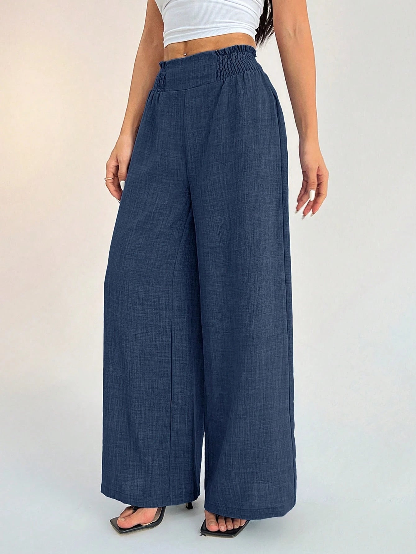 PETITE Women's Casual Vacation Waistband Blue Wide Leg Pants Work Pants,Petite Women