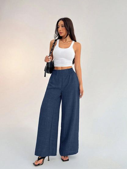 PETITE Women's Casual Vacation Waistband Blue Wide Leg Pants Work Pants,Petite Women