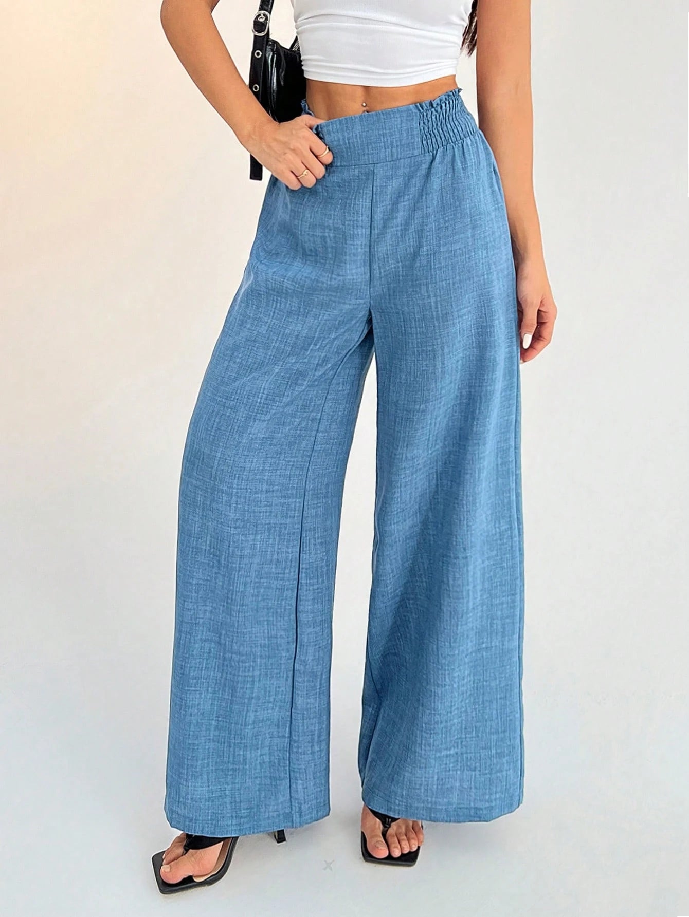 PETITE Women's Casual Vacation Waistband Blue Wide Leg Pants Work Pants,Petite Women