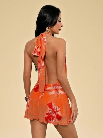 PETITE Women's Floral Print Halter Neck Backless Dress,Dresses For Women Summer,Petite Women