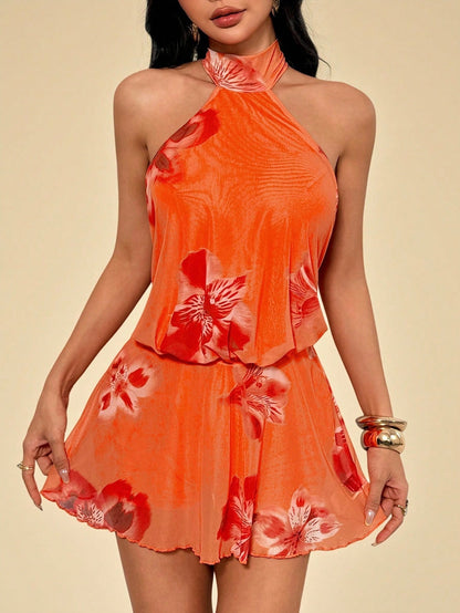 PETITE Women's Floral Print Halter Neck Backless Dress,Dresses For Women Summer,Petite Women