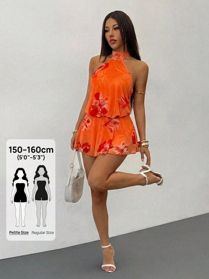 PETITE Women's Floral Print Halter Neck Backless Dress,Dresses For Women Summer,Petite Women