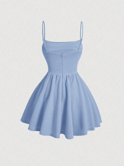 PETITE Women's Romantic Dress With Waist And A Hem Baby Blue Dress,Petite Women