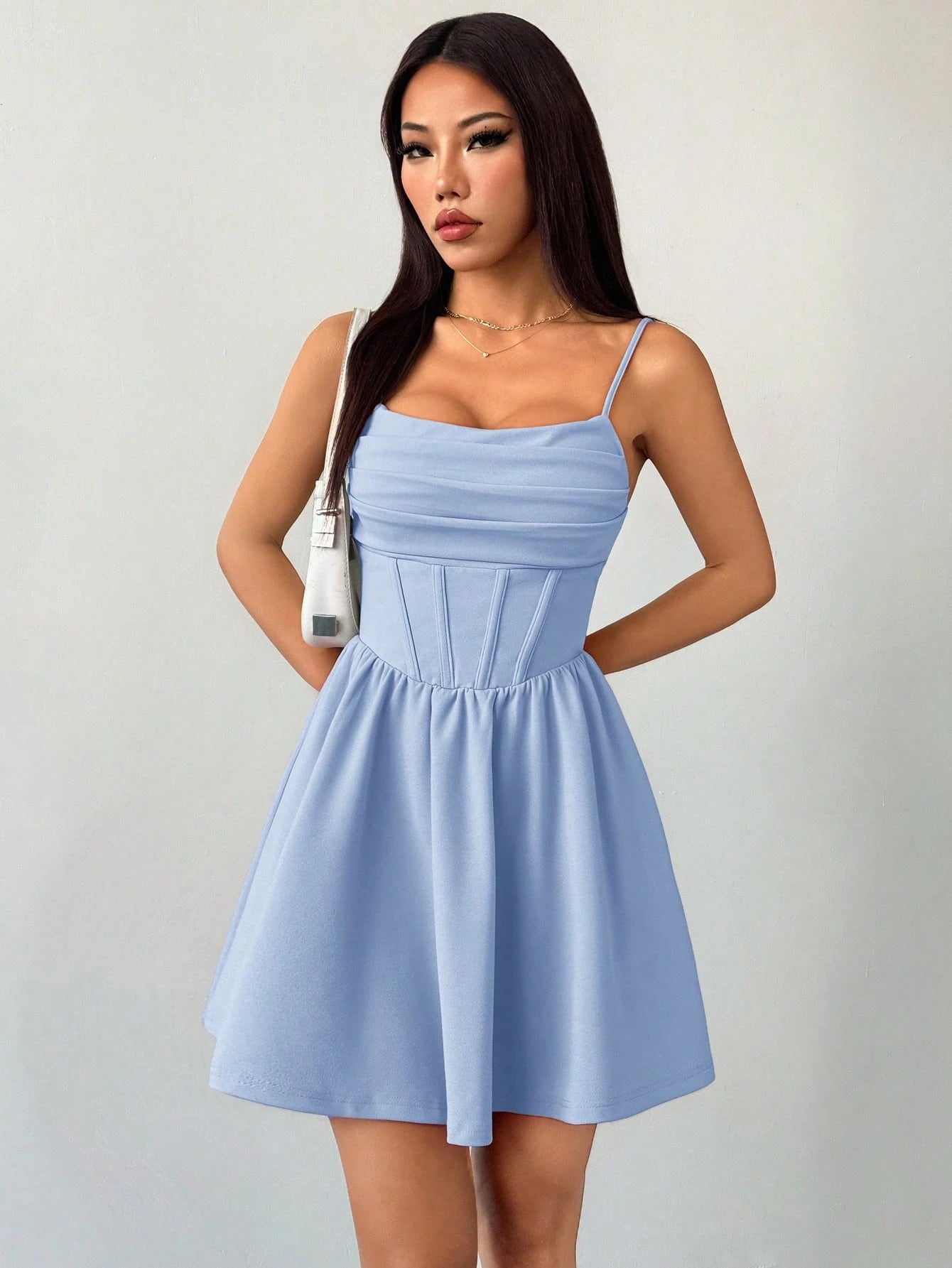 PETITE Women's Romantic Dress With Waist And A Hem Baby Blue Dress,Petite Women