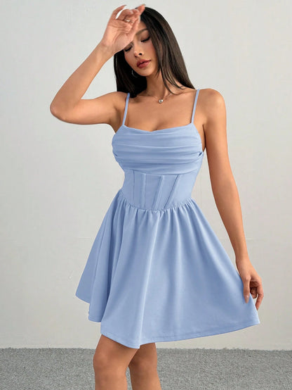PETITE Women's Romantic Dress With Waist And A Hem Baby Blue Dress,Petite Women