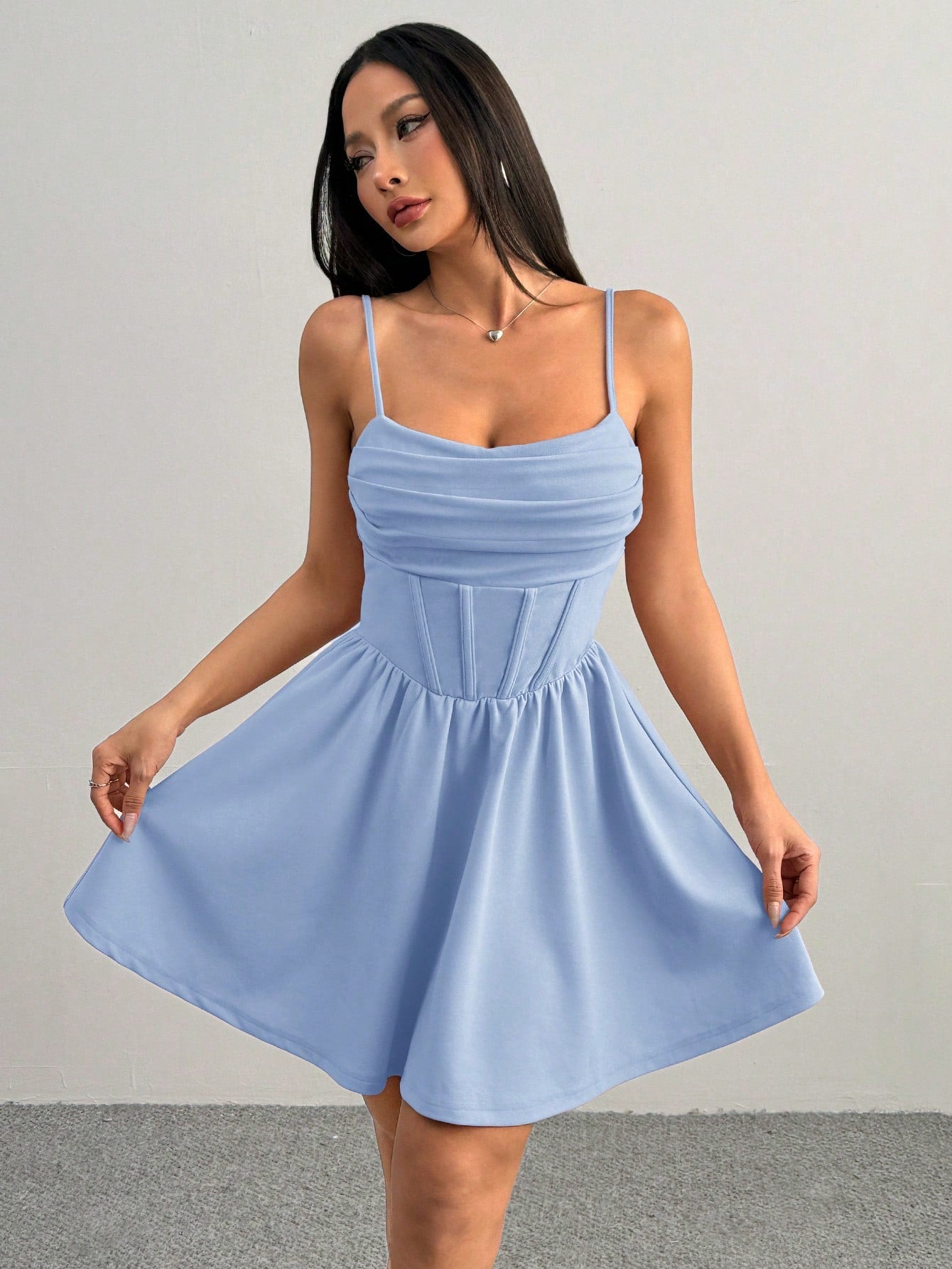 PETITE Women's Romantic Dress With Waist And A Hem Baby Blue Dress,Petite Women