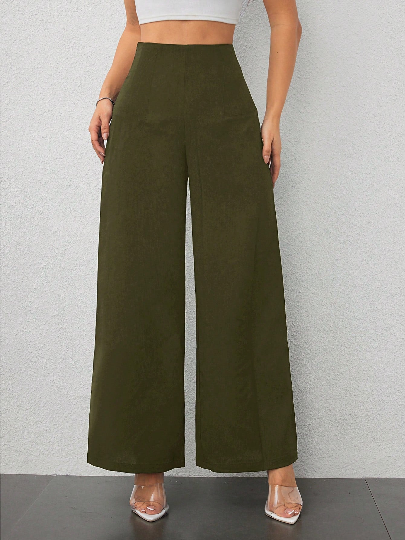 PETITE Women's Simple Casual Fashion Back-To-School Season Old Money Commuting High-Waist Texture Wide-Leg Trousers Work Pants,Business Casual Woman,Petite Women