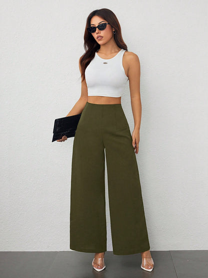 PETITE Women's Simple Casual Fashion Back-To-School Season Old Money Commuting High-Waist Texture Wide-Leg Trousers Work Pants,Business Casual Woman,Petite Women