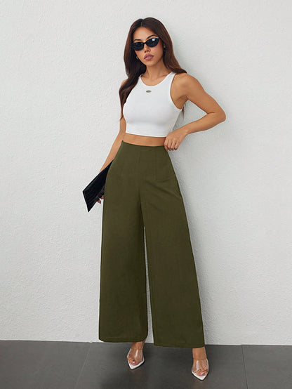 PETITE Women's Simple Casual Fashion Back-To-School Season Old Money Commuting High-Waist Texture Wide-Leg Trousers Work Pants,Business Casual Woman,Petite Women