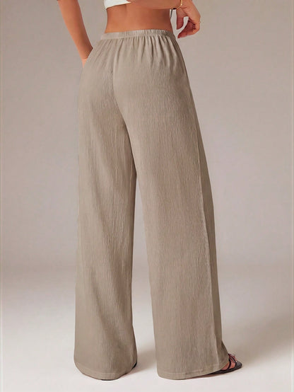 PETITE Women's Solid Color Tie Waist Wide Leg Loose Casual Versatile Pants,Petite Women