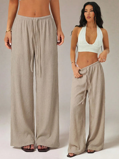 PETITE Women's Solid Color Tie Waist Wide Leg Loose Casual Versatile Pants,Petite Women