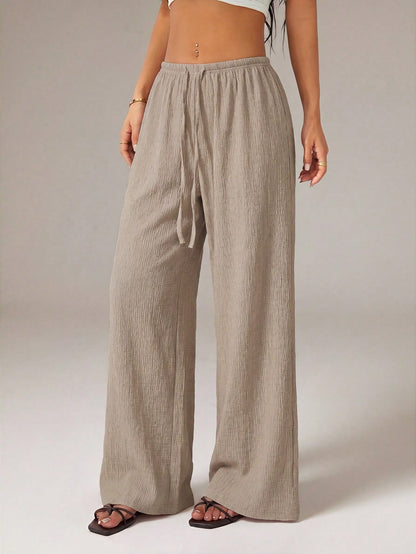 PETITE Women's Solid Color Tie Waist Wide Leg Loose Casual Versatile Pants,Petite Women