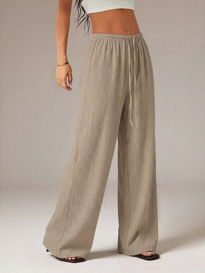 PETITE Women's Solid Color Tie Waist Wide Leg Loose Casual Versatile Pants,Petite Women