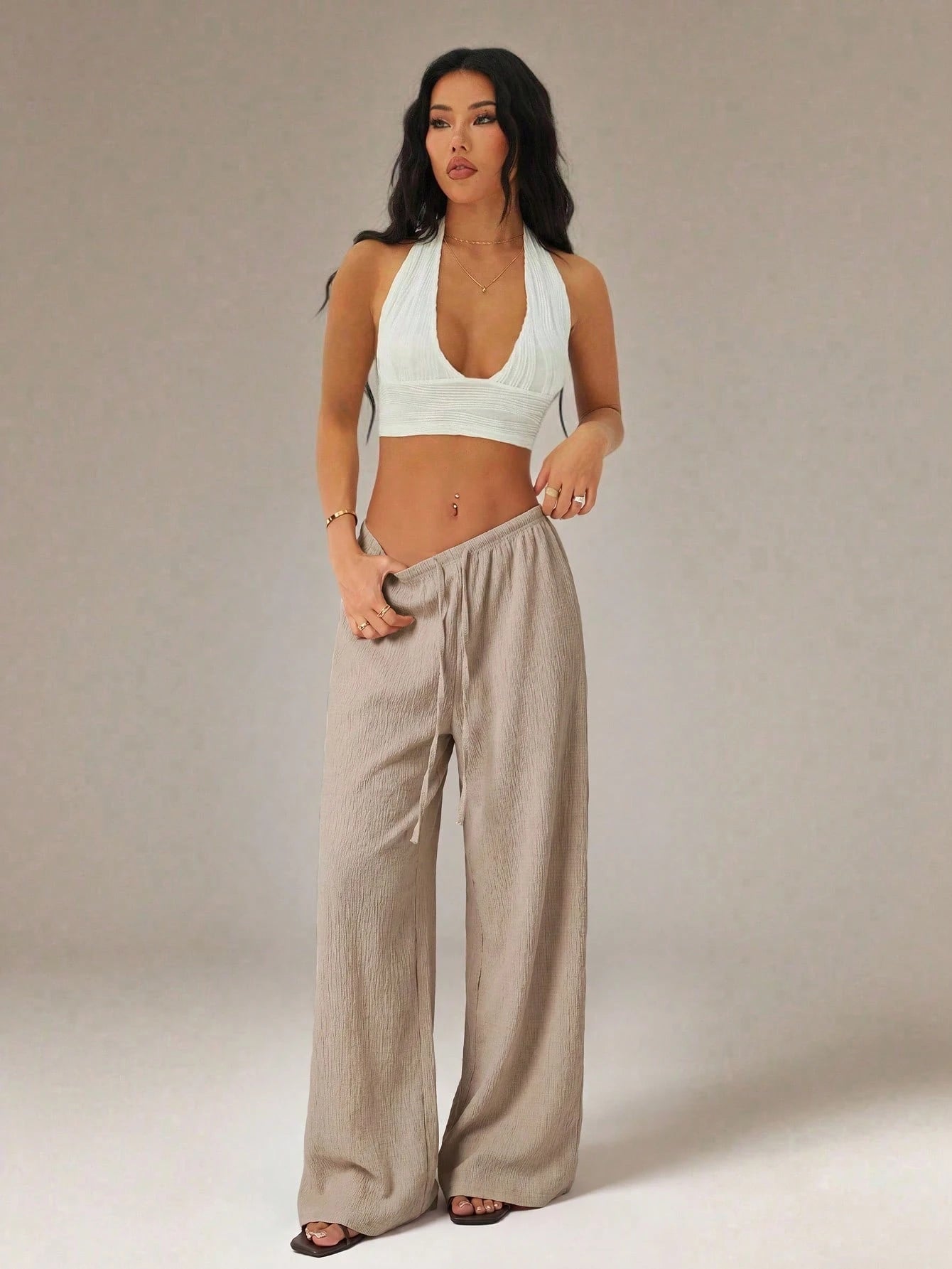 PETITE Women's Solid Color Tie Waist Wide Leg Loose Casual Versatile Pants,Petite Women