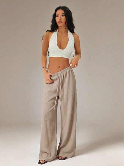 PETITE Women's Solid Color Tie Waist Wide Leg Loose Casual Versatile Pants,Petite Women