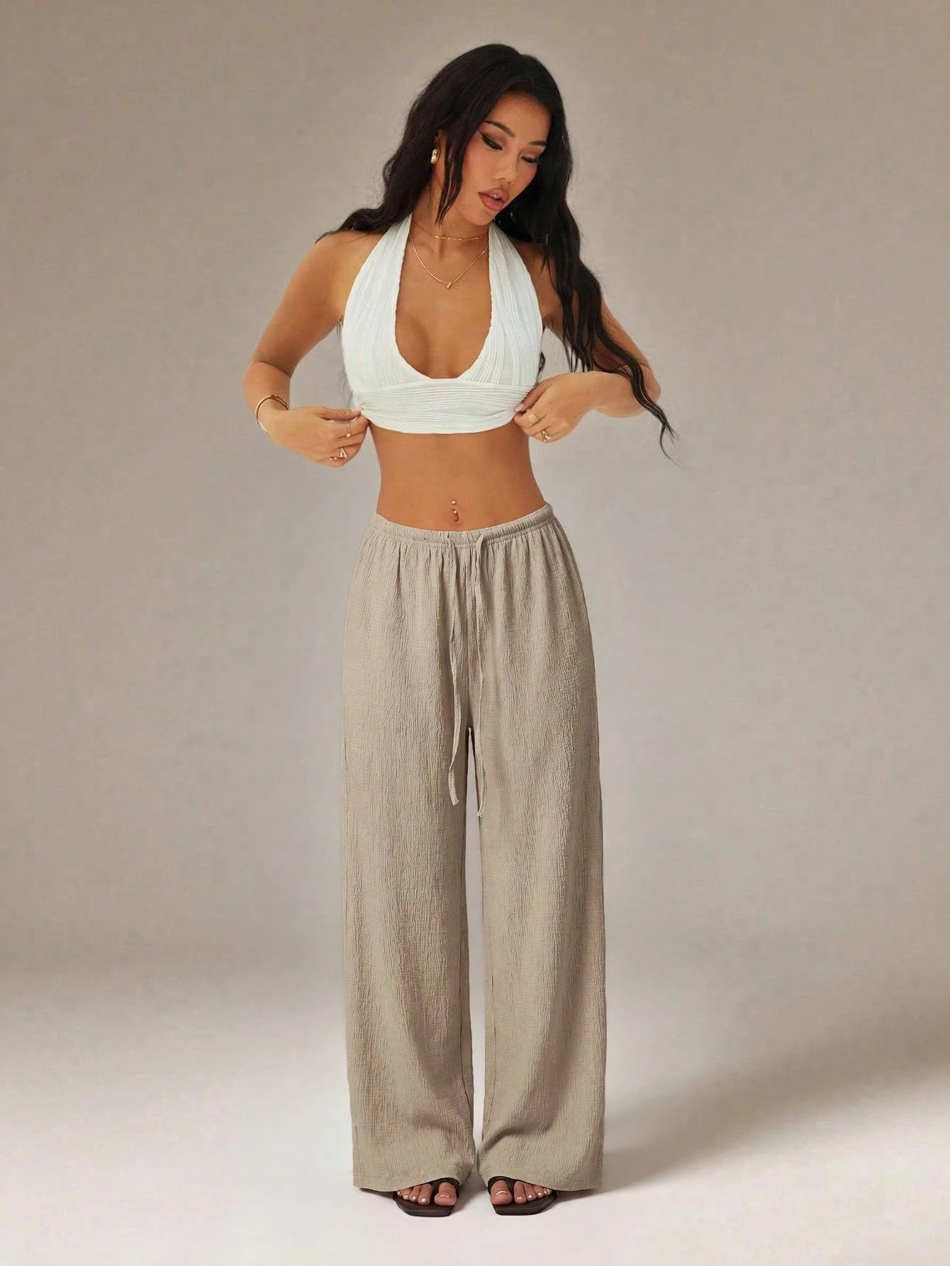 PETITE Women's Solid Color Tie Waist Wide Leg Loose Casual Versatile Pants,Petite Women