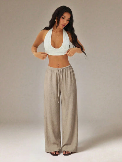 PETITE Women's Solid Color Tie Waist Wide Leg Loose Casual Versatile Pants,Petite Women