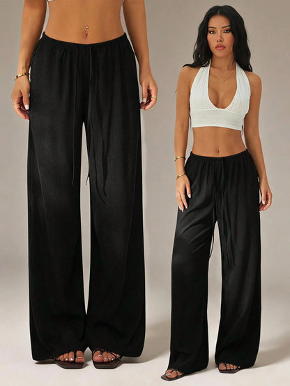 PETITE Women's Solid Color Tie Waist Wide Leg Loose Casual Versatile Pants,Petite Women