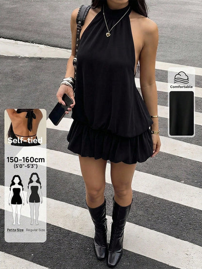 PETITE Women's Stand Collar Sleeveless Ruffle Hem Loose Summer Dress,Black Dresses Classy Elegant,Party Dress,Petite Women
