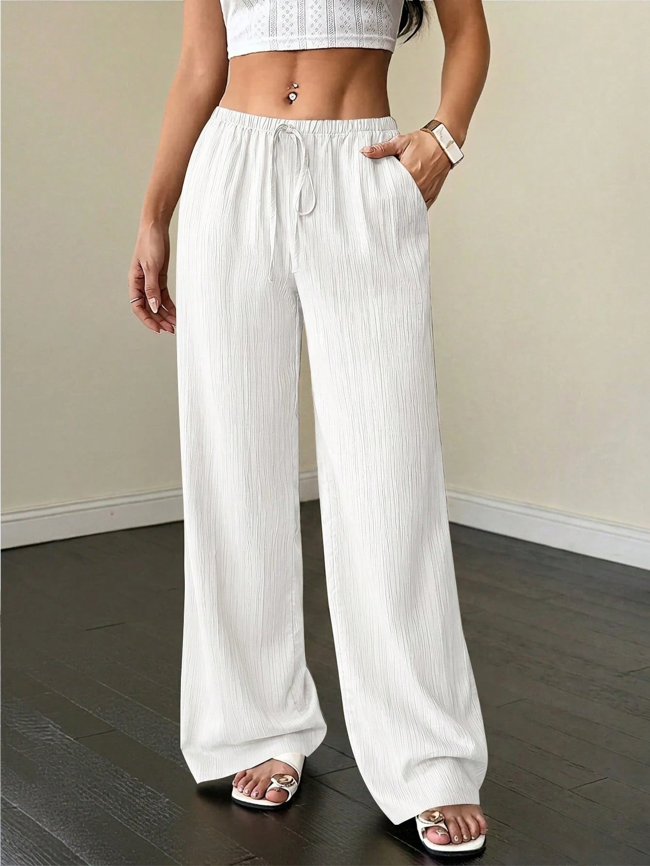 PETITE Women's Textured Waist Drawstring Casual Pants,Petite Women