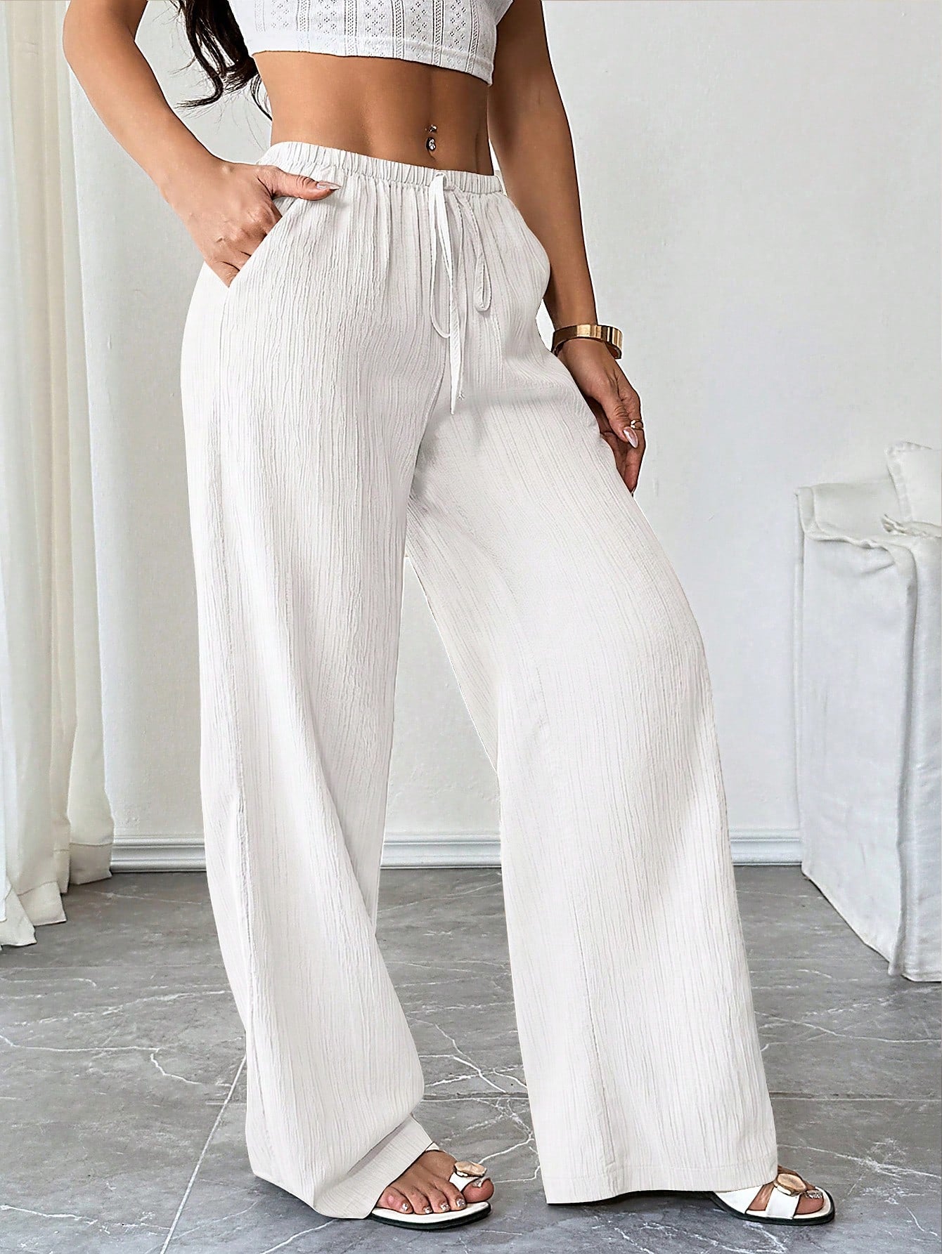 PETITE Women's Textured Waist Drawstring Casual Pants,Petite Women