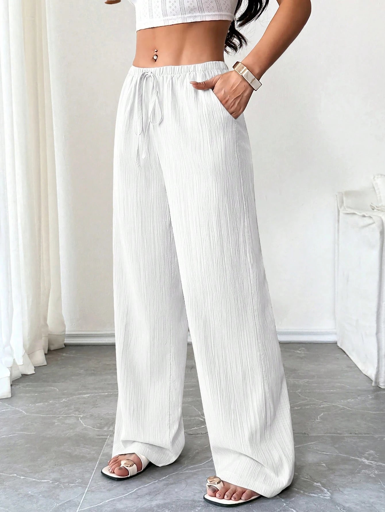 PETITE Women's Textured Waist Drawstring Casual Pants,Petite Women