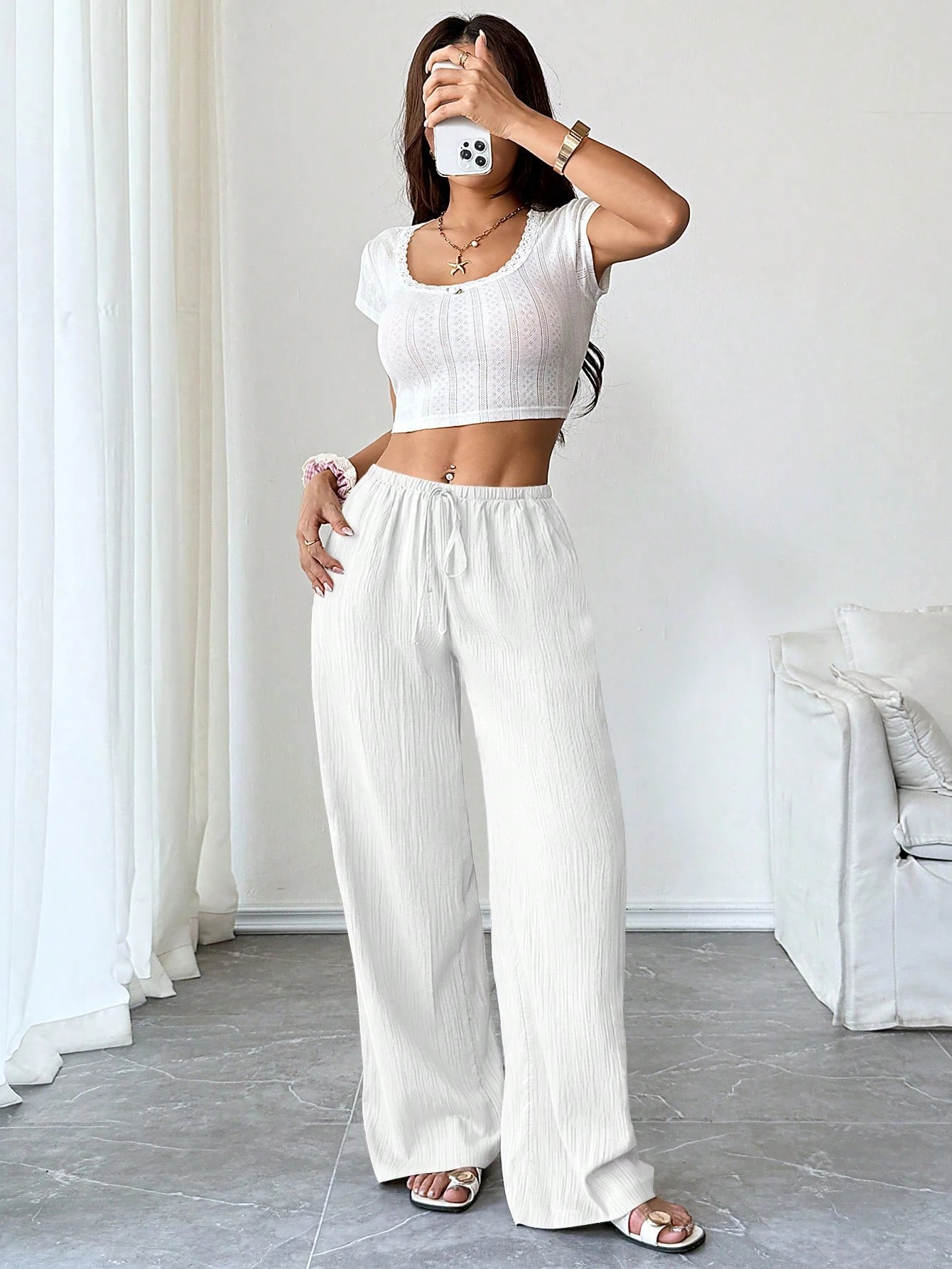 PETITE Women's Textured Waist Drawstring Casual Pants,Petite Women
