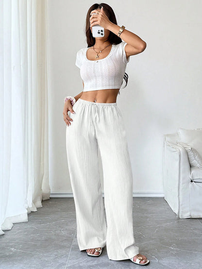 PETITE Women's Textured Waist Drawstring Casual Pants,Petite Women