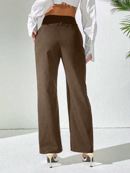 PETITE Women Solid High Waist Pleated Straight Loose Casual Pants Fall Cloth For Women,Petite Women