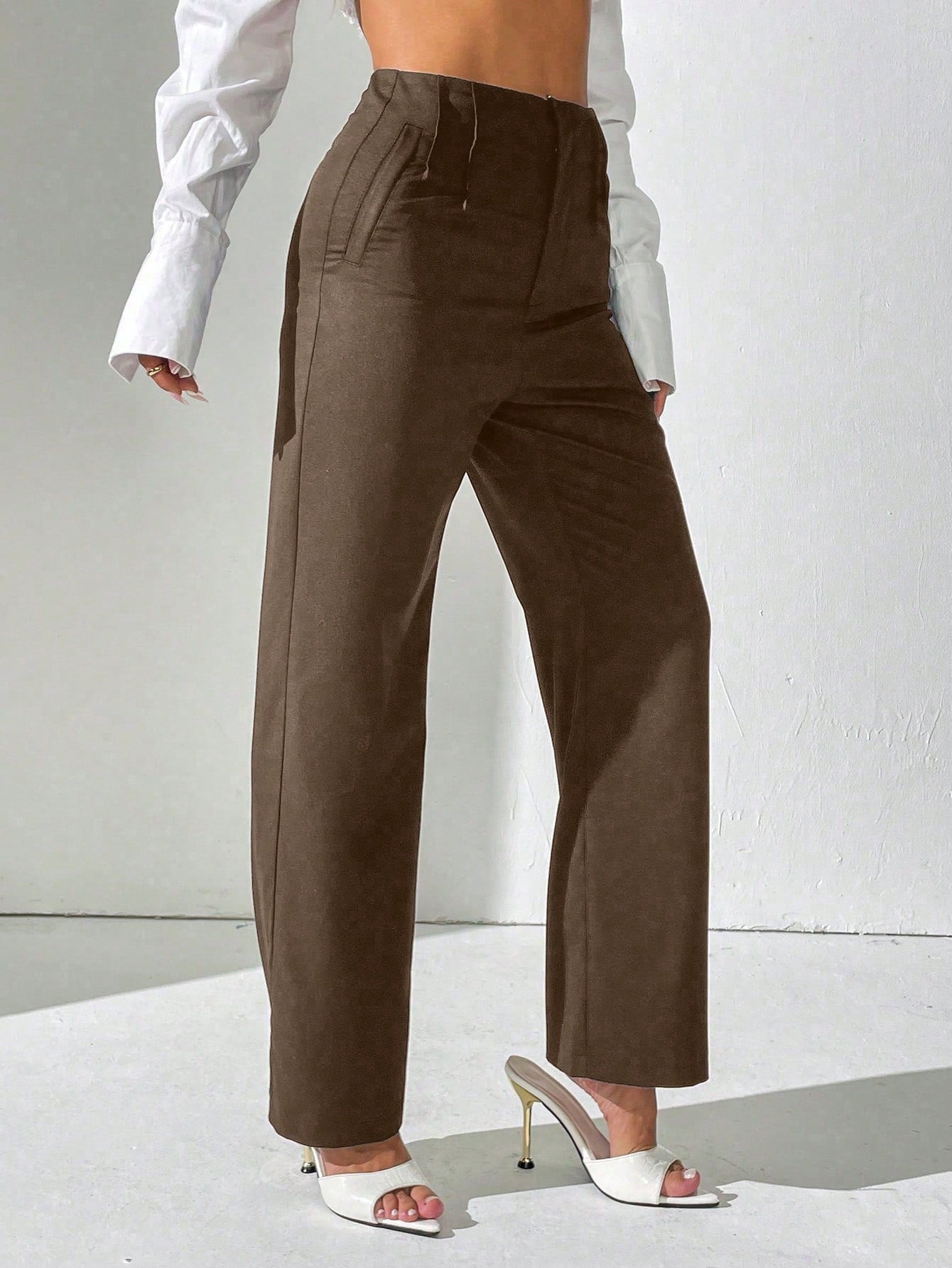 PETITE Women Solid High Waist Pleated Straight Loose Casual Pants Fall Cloth For Women,Petite Women