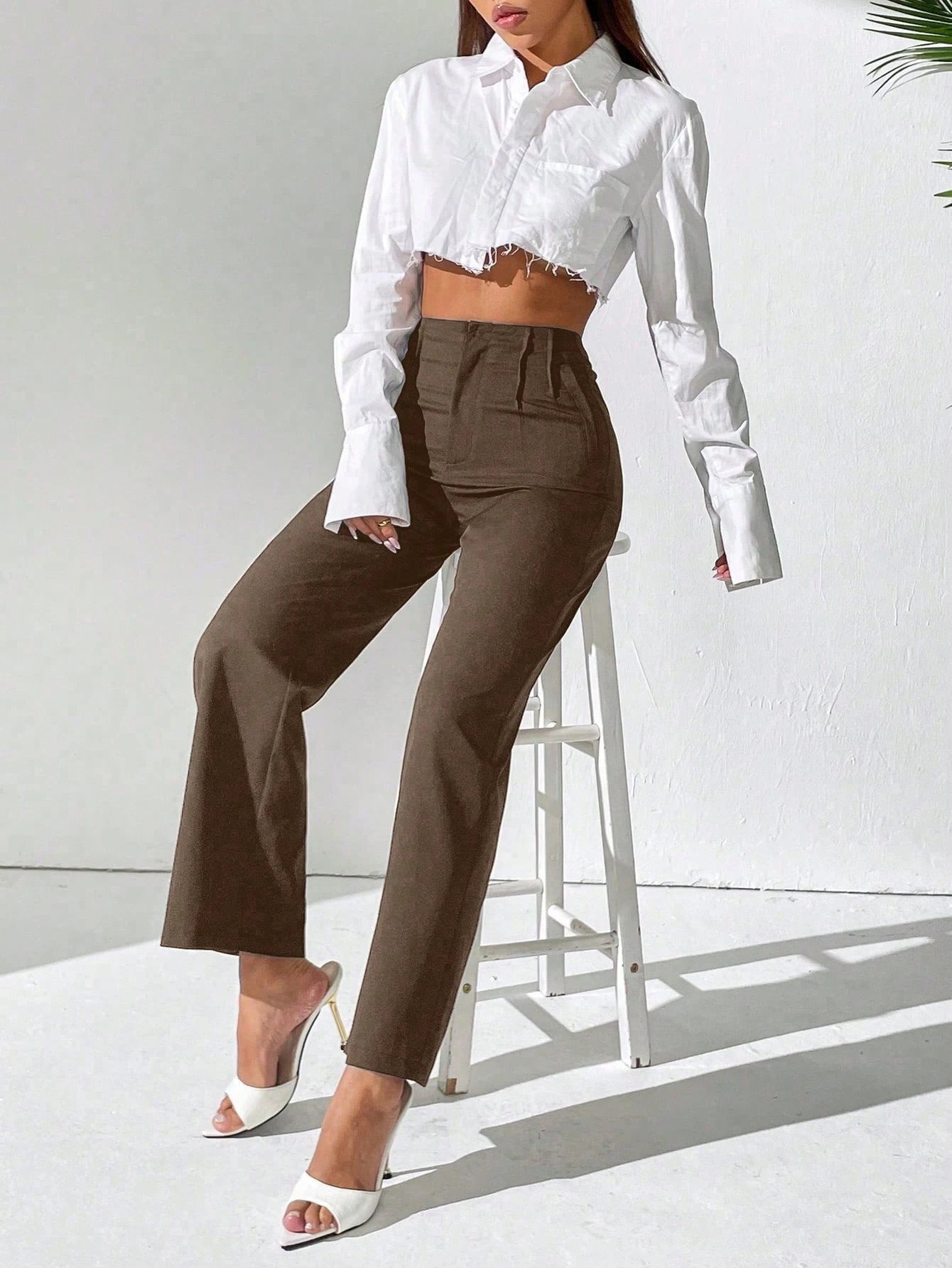 PETITE Women Solid High Waist Pleated Straight Loose Casual Pants Fall Cloth For Women,Petite Women
